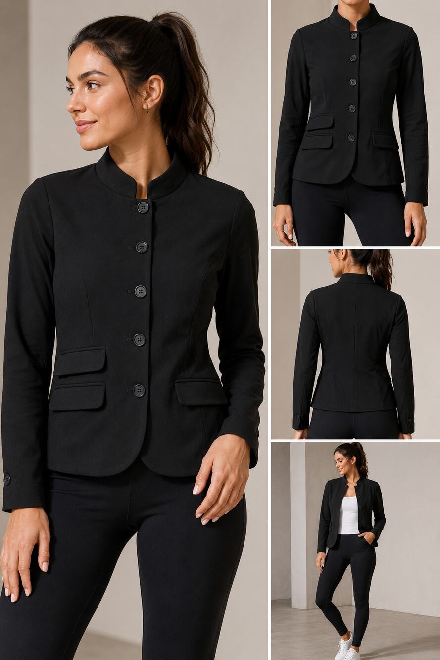 By Design Black Mandarin Collar Blazer Jacket S Ponte Knit Career Chic NWT